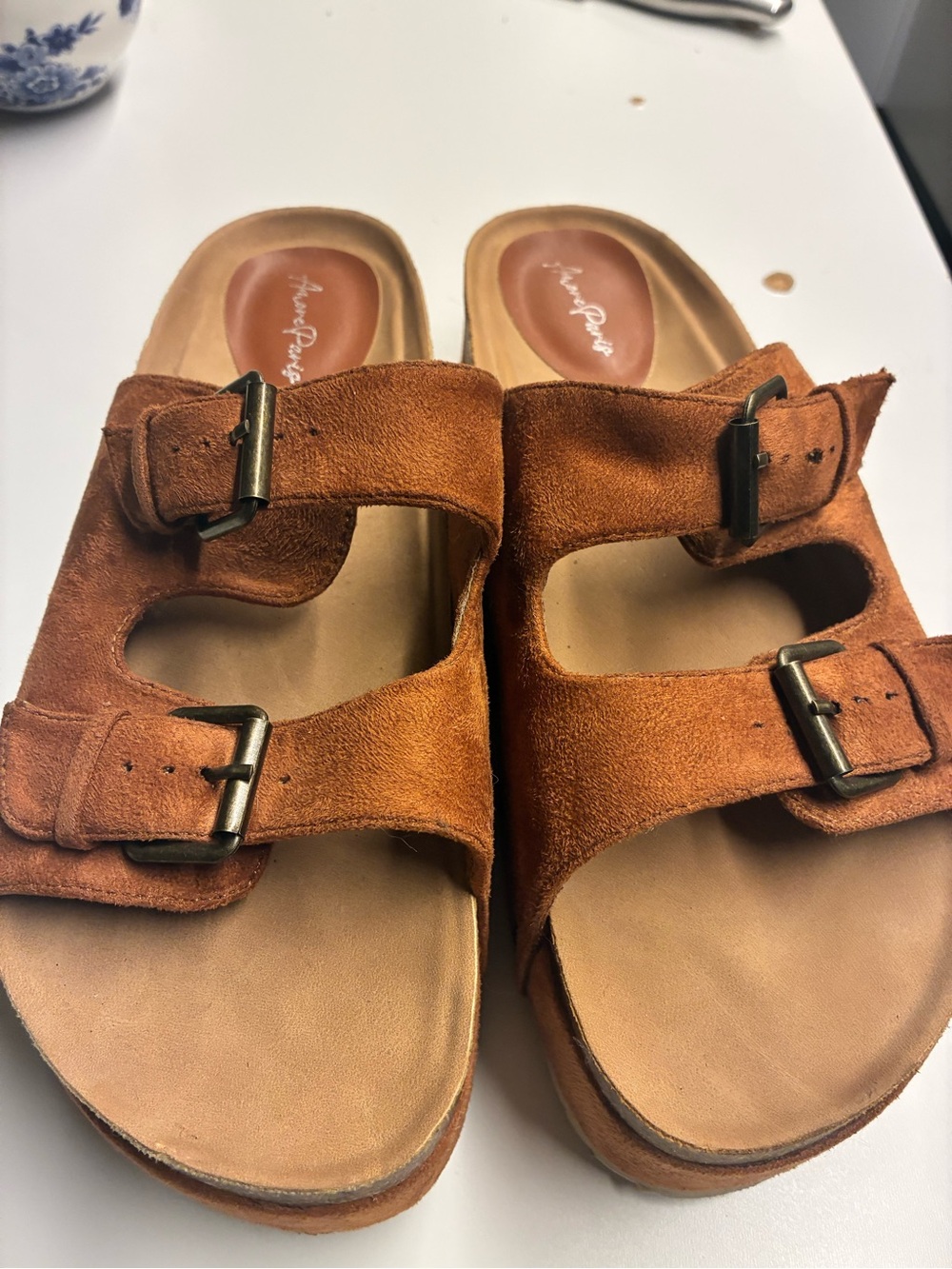 Suede Double Buckle Slide Sandals - Rust